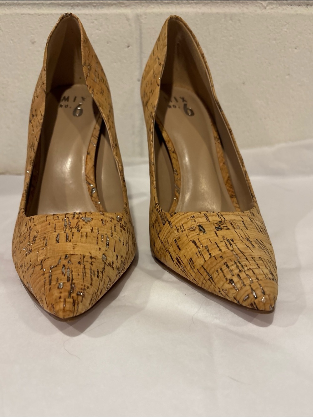 Mix No 6 Forest Cork Pumps Heels Clear Lucite Stilettos Silver Flecks 10M - Picture 2 of 10